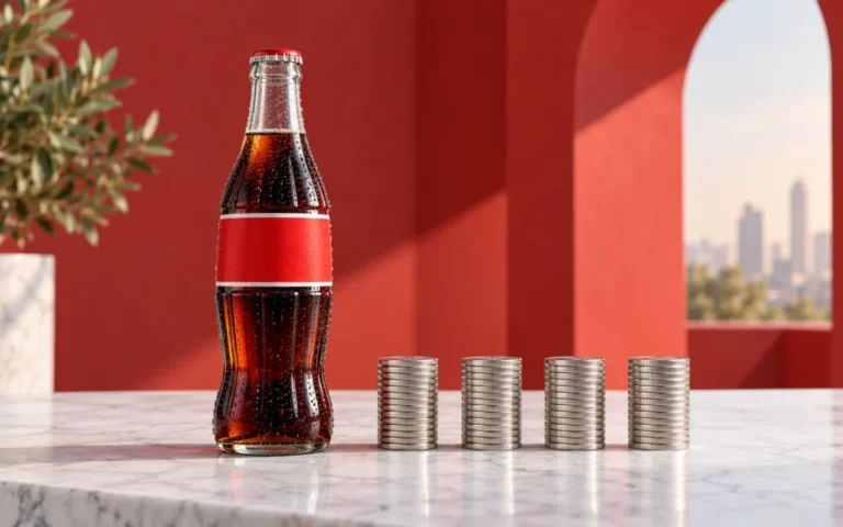 Bottiglia di cola con etichetta rossa accanto a quattro pile uguali di monete