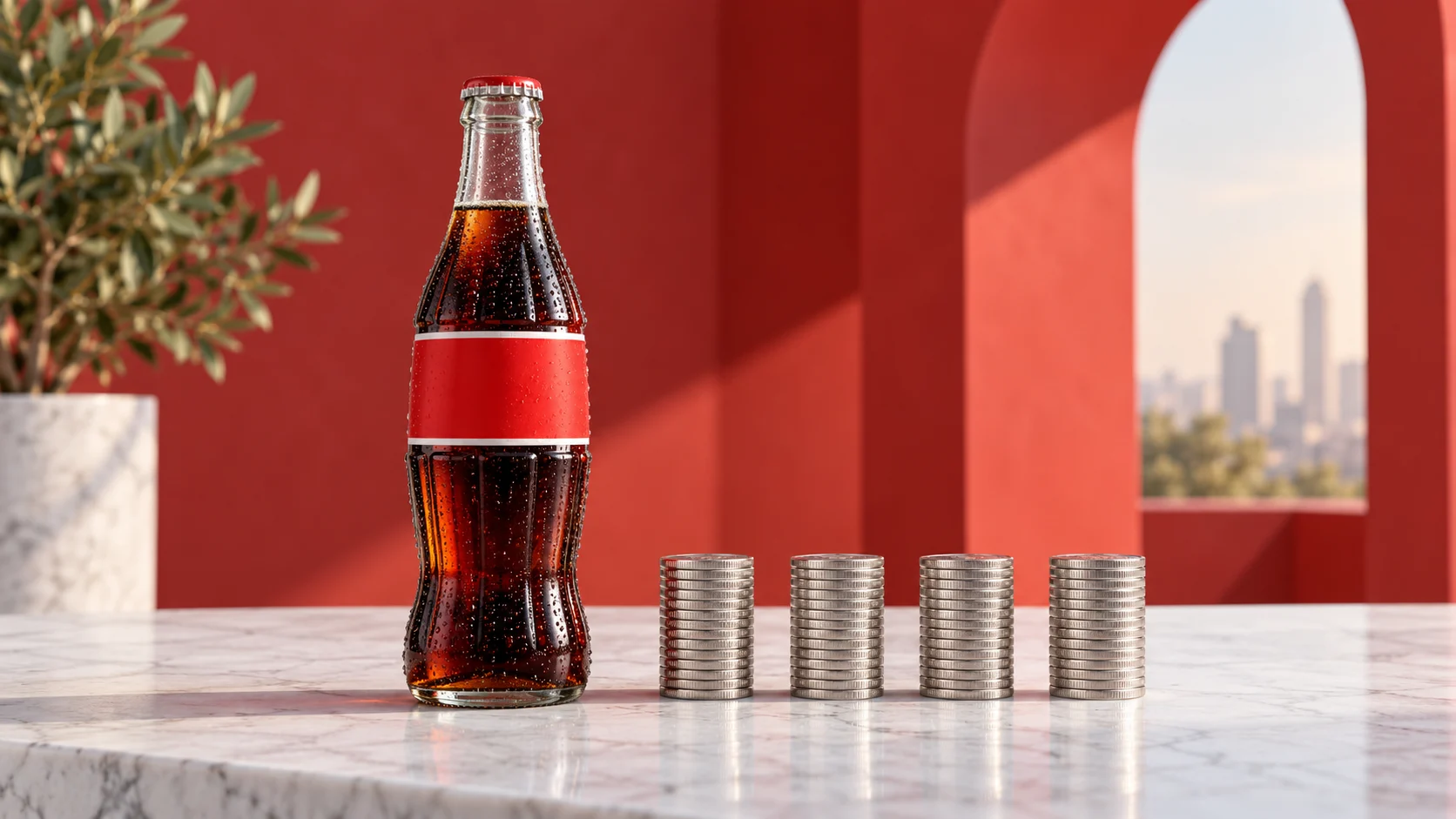 Bottiglia di cola con etichetta rossa accanto a quattro pile uguali di monete