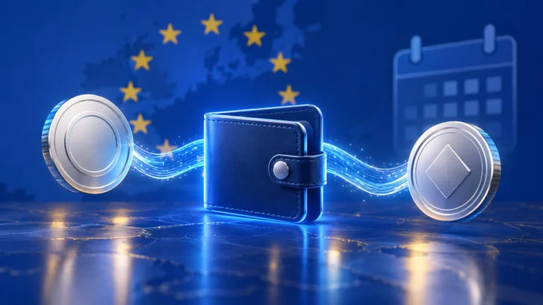 Portafoglio digitale e due token collegati da un ponte luminoso accanto a un calendario