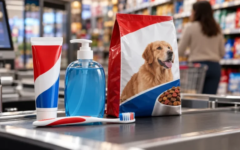 Dentifricio, spazzolino, sapone e alimenti per animali alla cassa di un supermercato