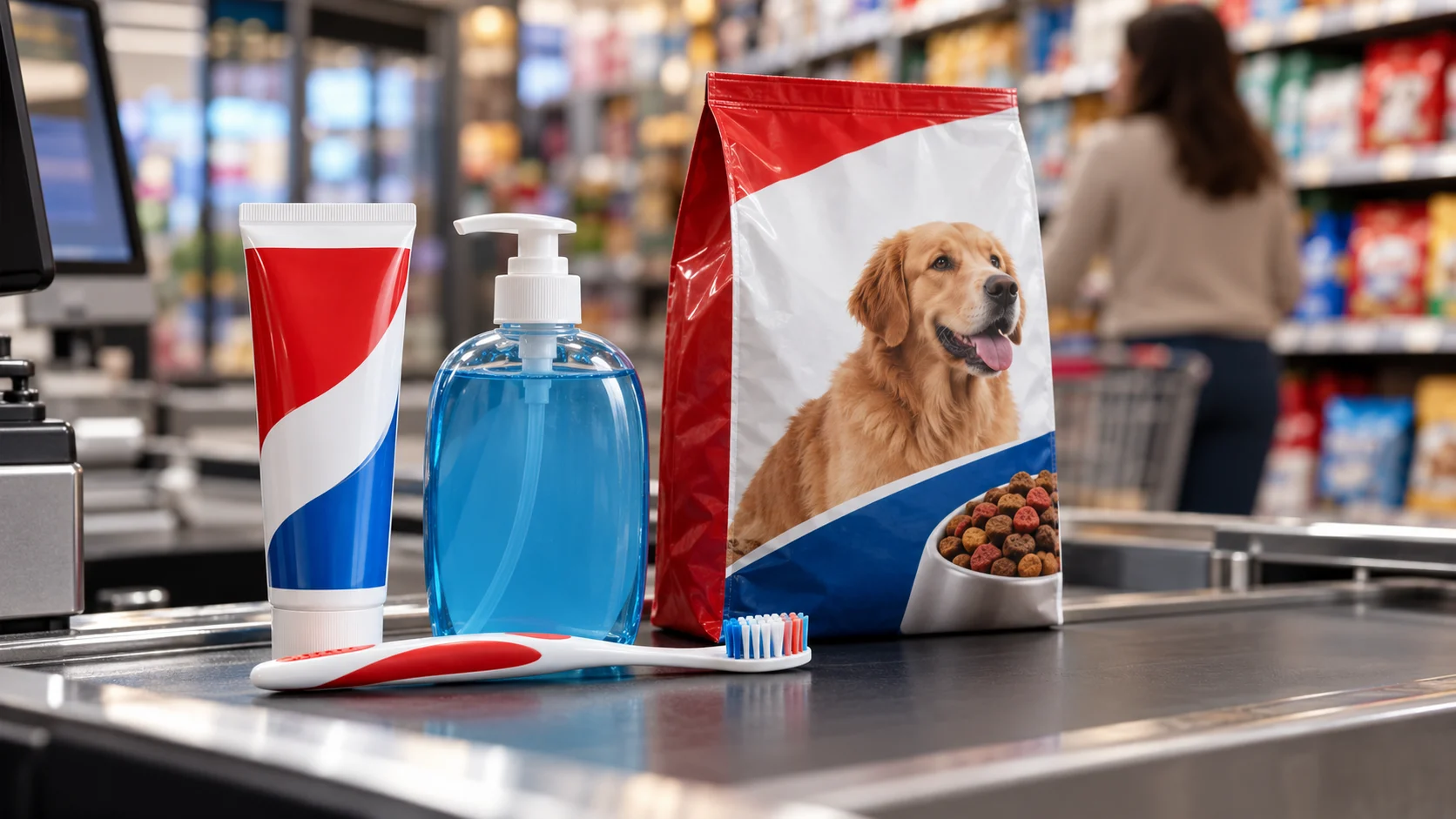 Dentifricio, spazzolino, sapone e alimenti per animali alla cassa di un supermercato