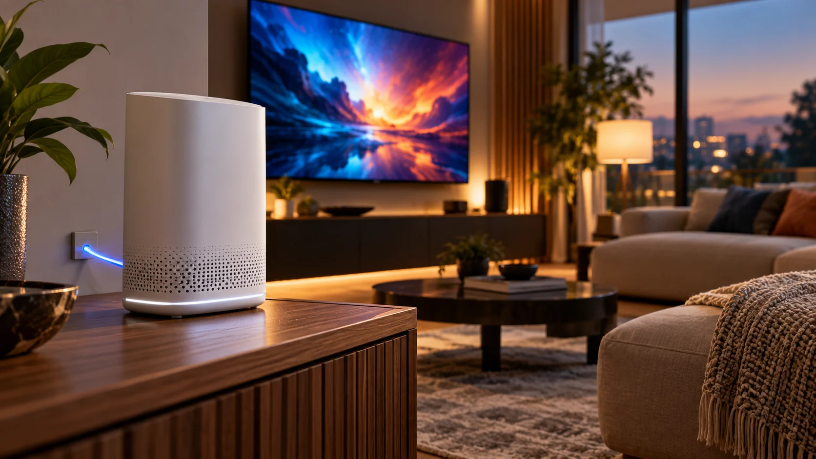 Router per la banda larga in primo piano davanti a uno schermo televisivo in un soggiorno