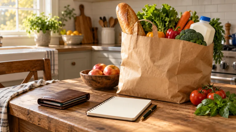 Borsa della spesa con alimenti, portafoglio e quaderno delle spese su un tavolo domestico