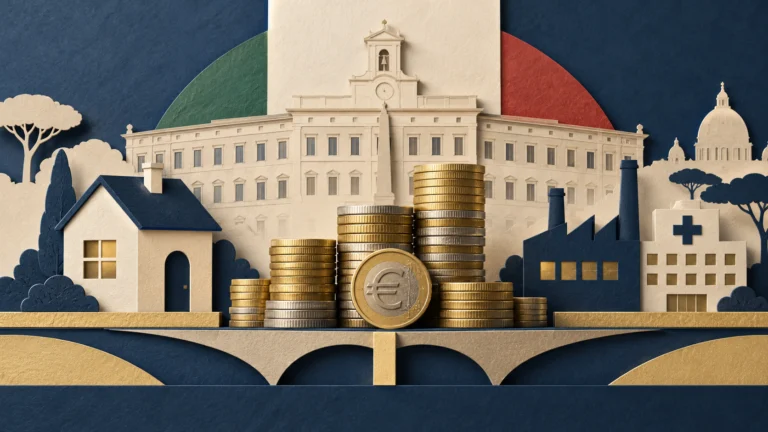 Illustrazione della manovra italiana con monete, una casa, una fabbrica e un ospedale davanti al Parlamento.