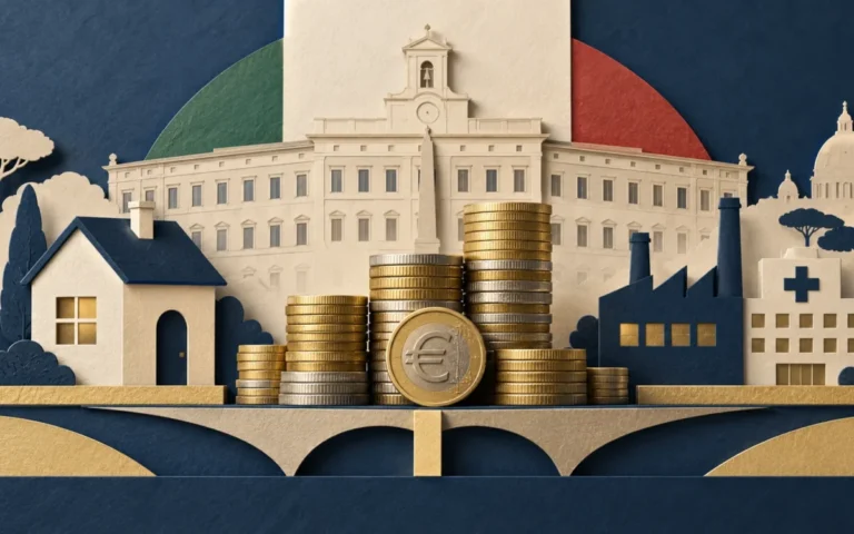 Illustrazione della manovra italiana con monete, una casa, una fabbrica e un ospedale davanti al Parlamento.
