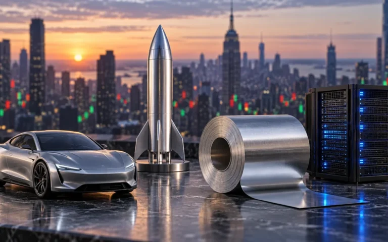 Illustrazione di auto elettrica, razzo, rotolo di alluminio e server davanti allo skyline di New York.