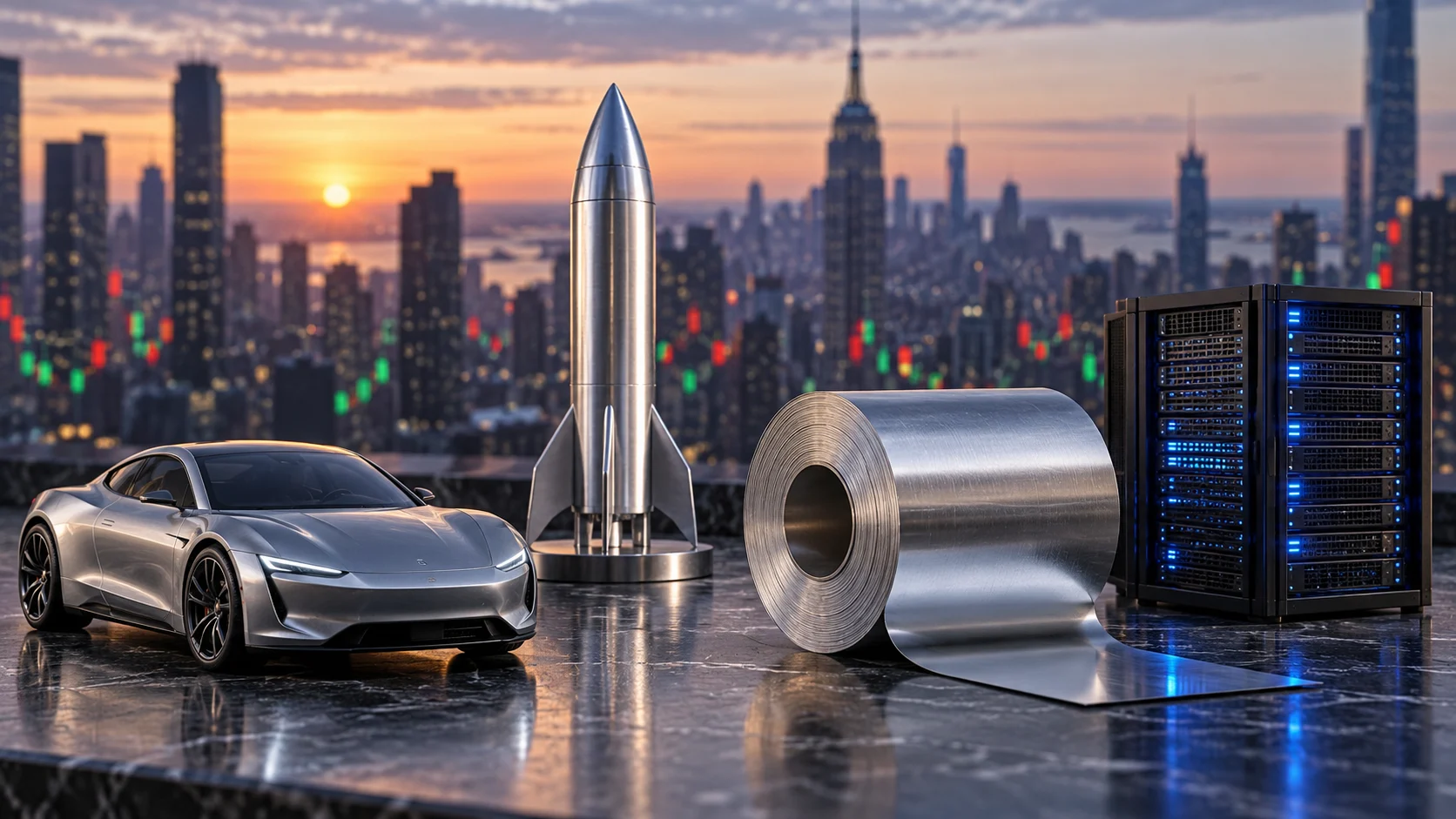 Illustrazione di auto elettrica, razzo, rotolo di alluminio e server davanti allo skyline di New York.