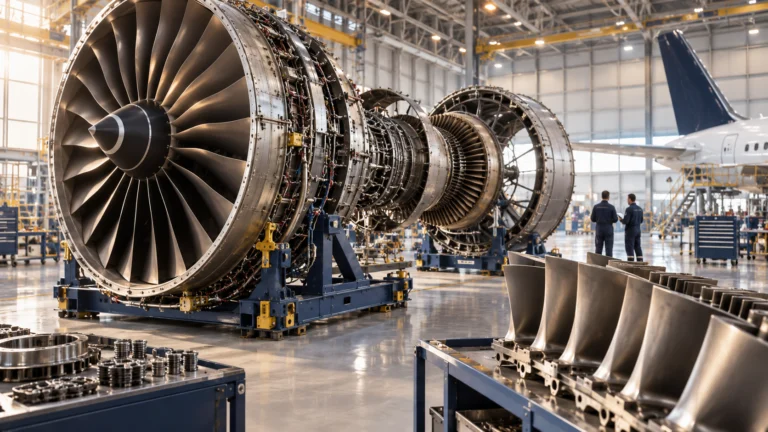 Motore aeronautico su un supporto per la manutenzione in un hangar, con pale metalliche in primo piano e tecnici sullo sfondo.