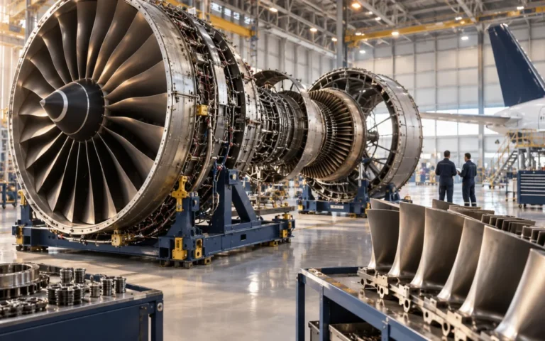 Motore aeronautico su un supporto per la manutenzione in un hangar, con pale metalliche in primo piano e tecnici sullo sfondo.
