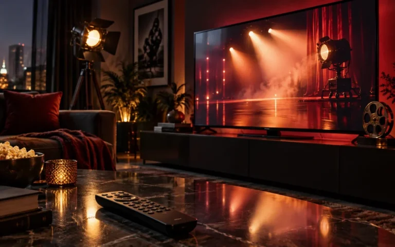 Schermo televisivo in un ambiente domestico con riflessi di un set cinematografico, illustrazione del rapporto fra streaming, produzione e ricavi.