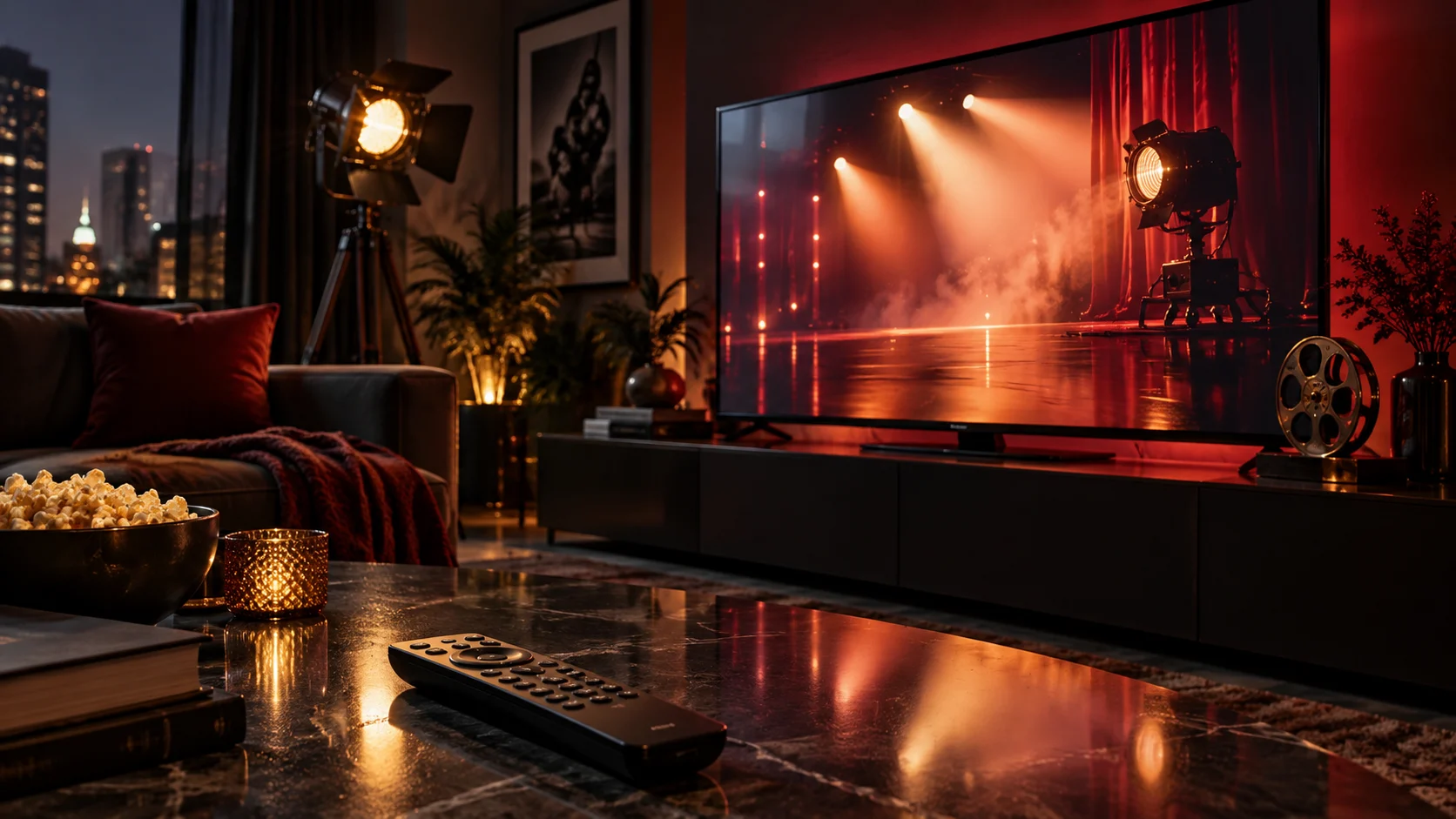Schermo televisivo in un ambiente domestico con riflessi di un set cinematografico, illustrazione del rapporto fra streaming, produzione e ricavi.