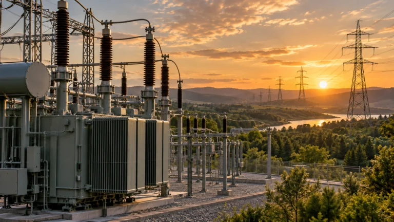 Sottostazione elettrica con trasformatori e linee di trasmissione al tramonto, illustrazione degli investimenti nelle reti energetiche.