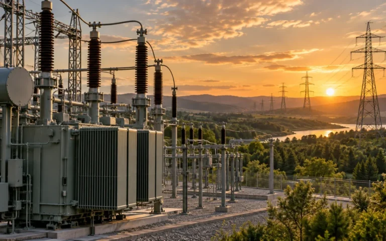 Sottostazione elettrica con trasformatori e linee di trasmissione al tramonto, illustrazione degli investimenti nelle reti energetiche.