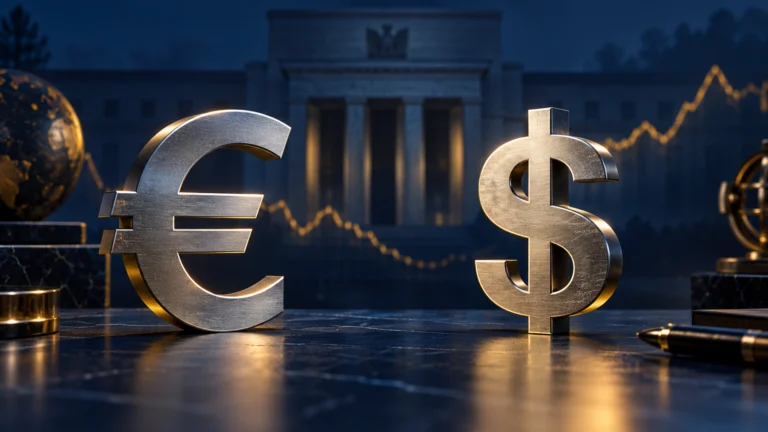 Simboli dell’euro e del dollaro davanti a un richiamo architettonico alla Federal Reserve.