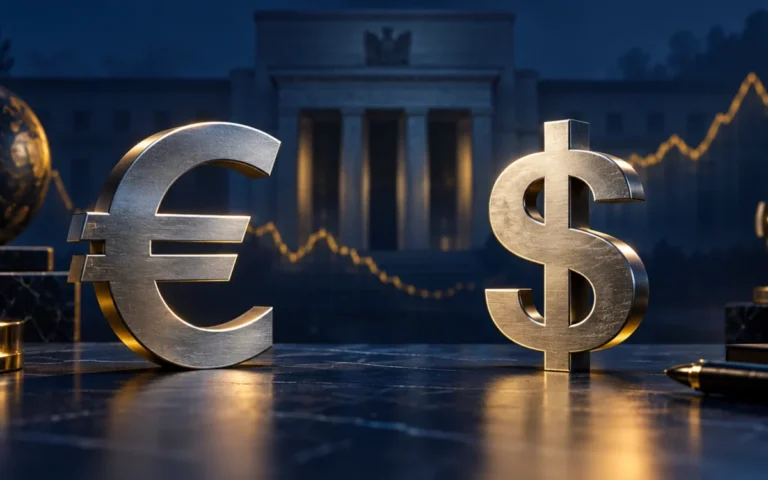 Simboli dell’euro e del dollaro davanti a un richiamo architettonico alla Federal Reserve.