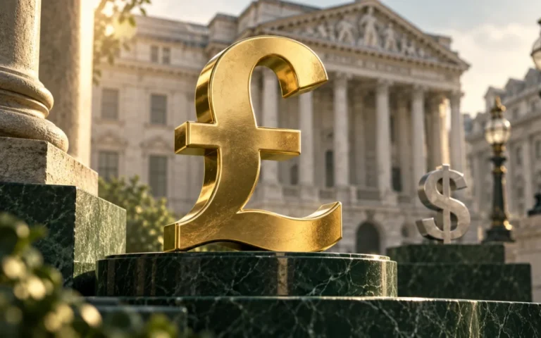 Simbolo dorato della sterlina su una base verde, con un dollaro e un edificio ispirato alla Bank of England sullo sfondo.