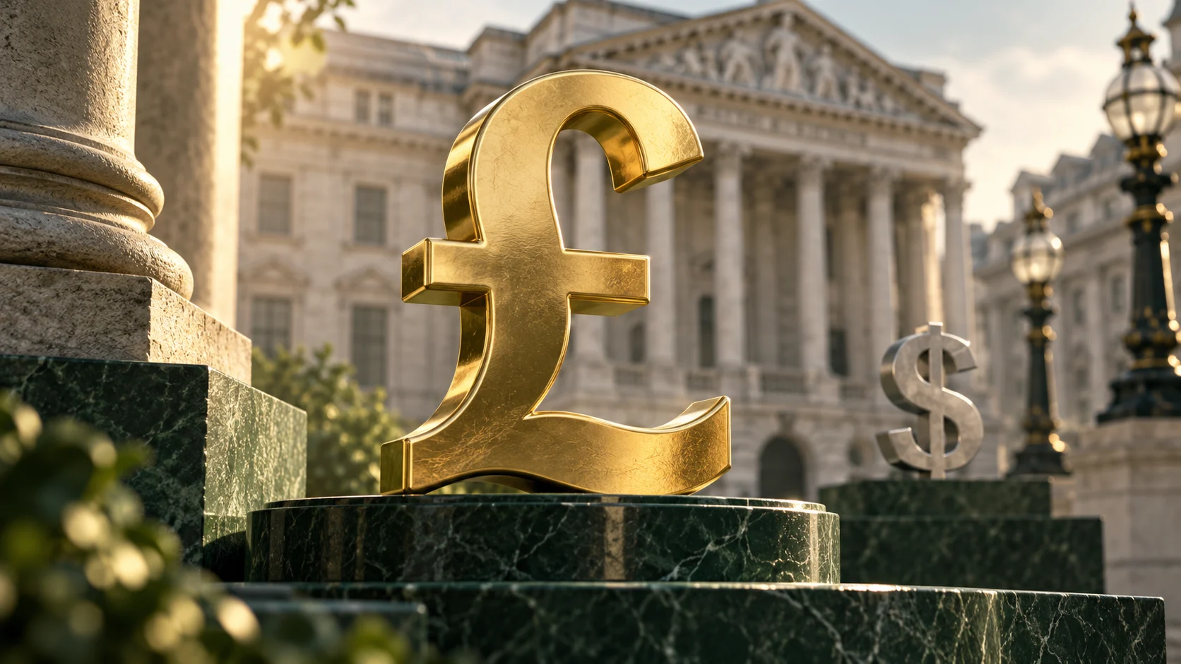Simbolo dorato della sterlina su una base verde, con un dollaro e un edificio ispirato alla Bank of England sullo sfondo.