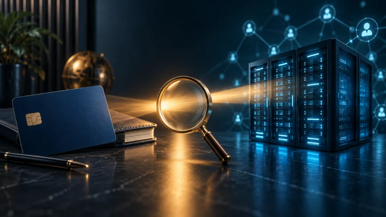 Carta di pagamento e registro contabile accanto a server illuminati, simboli di credito e infrastrutture AI