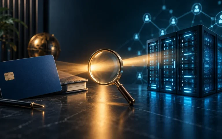 Carta di pagamento e registro contabile accanto a server illuminati, simboli di credito e infrastrutture AI