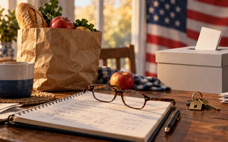 Occhiali e bilancio familiare accanto a una borsa della spesa e a un’urna elettorale, con bandiera americana sullo sfondo