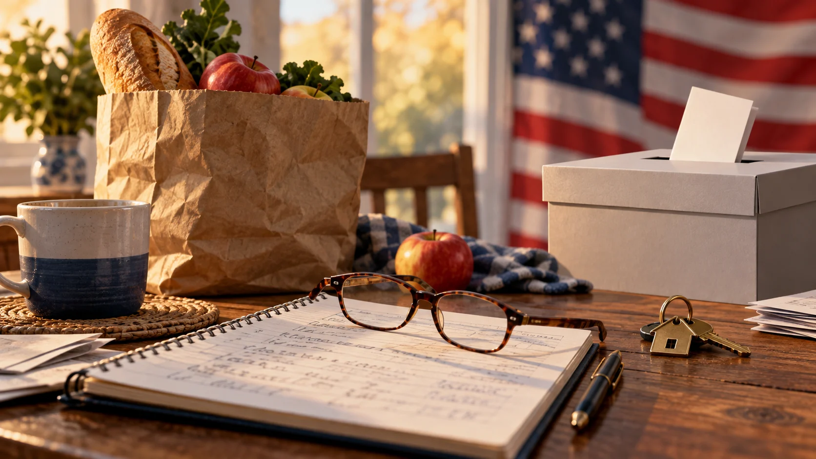 Occhiali e bilancio familiare accanto a una borsa della spesa e a un’urna elettorale, con bandiera americana sullo sfondo