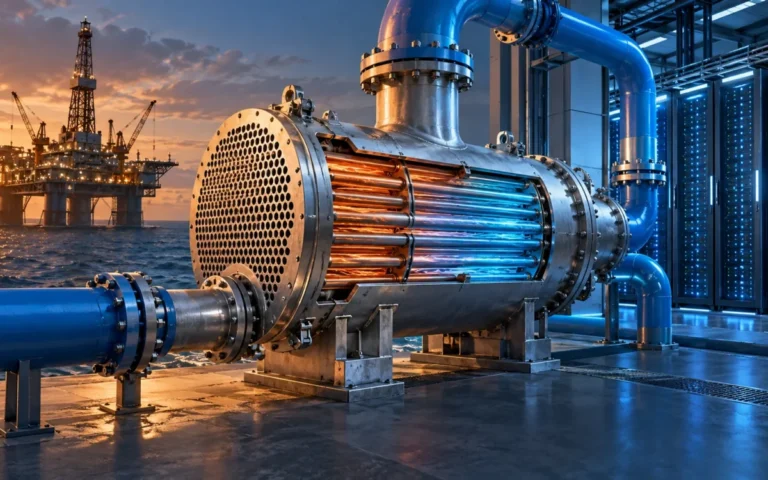 Illustrazione di uno scambiatore di calore tra infrastrutture petrolifere e server di un data center