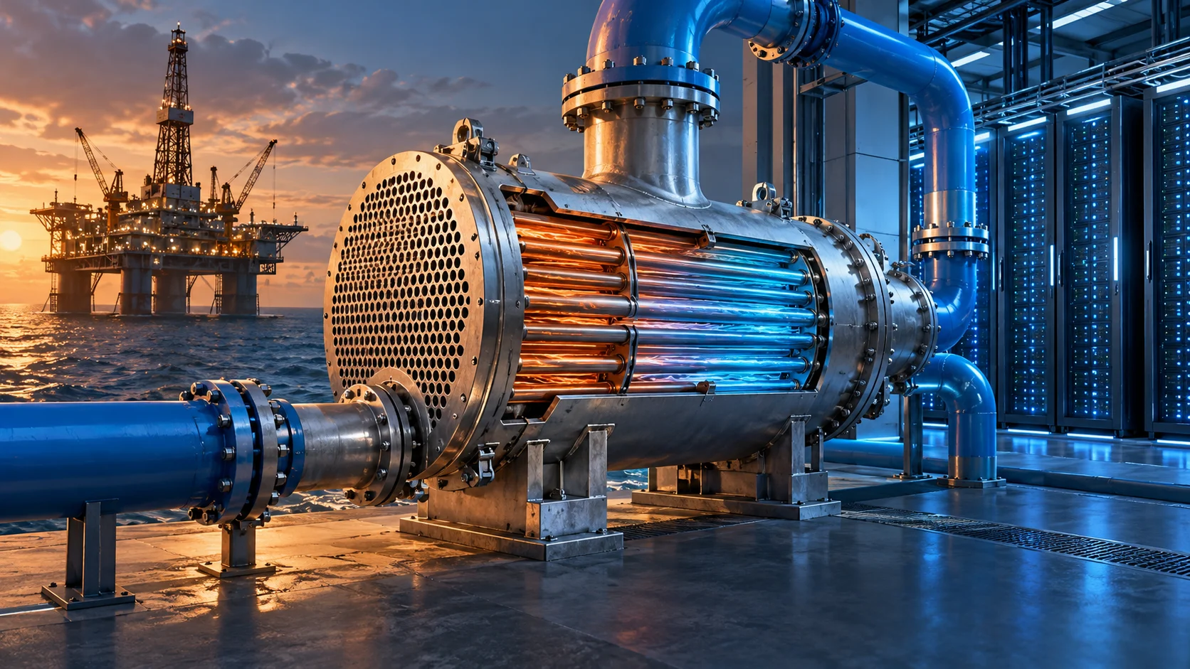 Illustrazione di uno scambiatore di calore tra infrastrutture petrolifere e server di un data center