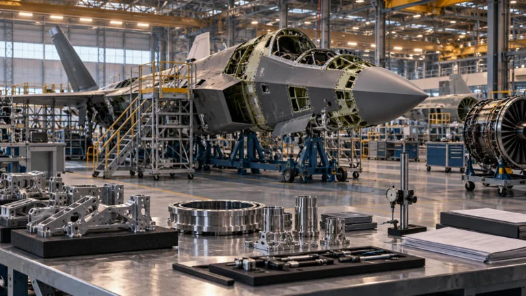 Illustrazione di una fusoliera aeronautica in assemblaggio e componenti industriali in un hangar