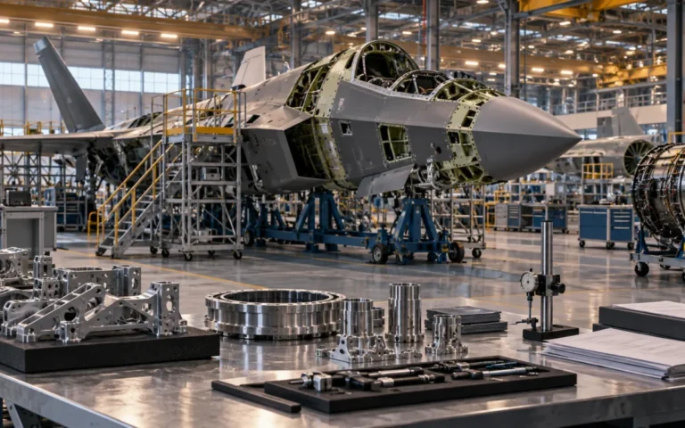 Illustrazione di una fusoliera aeronautica in assemblaggio e componenti industriali in un hangar