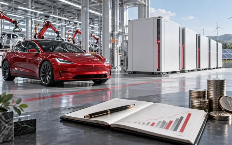 Illustrazione di auto elettrica rossa, sistemi di accumulo e documenti finanziari in un ambiente industriale.
