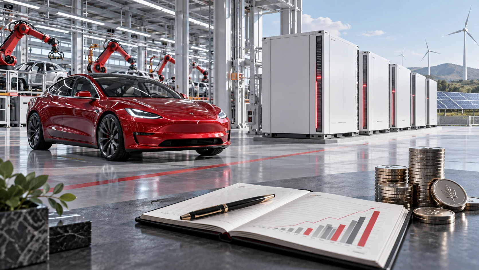 Illustrazione di auto elettrica rossa, sistemi di accumulo e documenti finanziari in un ambiente industriale.