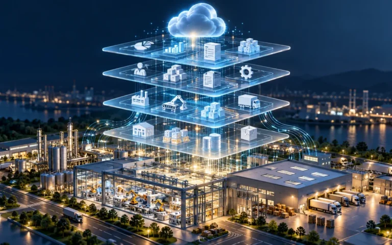 Illustrazione di moduli digitali cloud collegati a impianti e processi aziendali