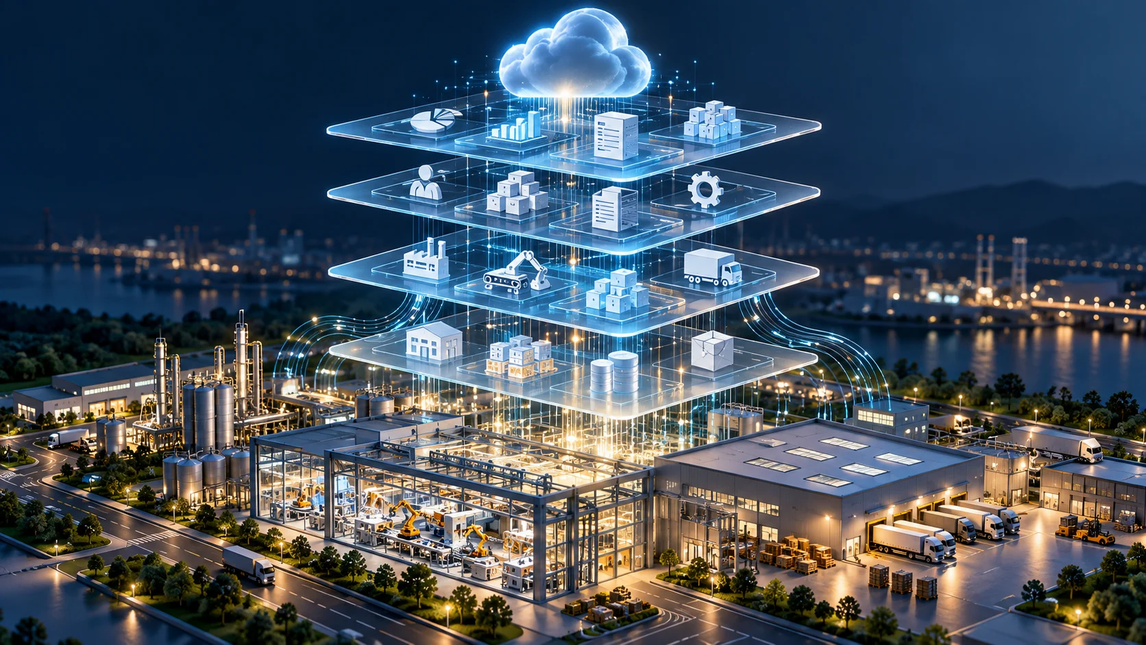 Illustrazione di moduli digitali cloud collegati a impianti e processi aziendali