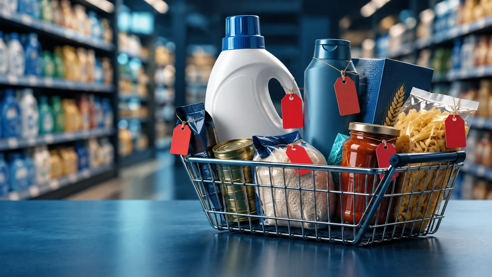Prodotti per la casa e la cura personale in un cestino, illustrazione del business Unilever