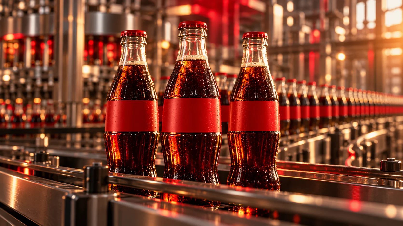 Bottiglie di cola su una linea di imbottigliamento, illustrazione dei volumi di vendita Coca-Cola