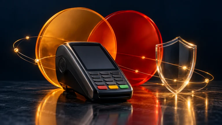Terminale di pagamento con simbolo di protezione e connessioni digitali, illustrazione dei servizi Mastercard
