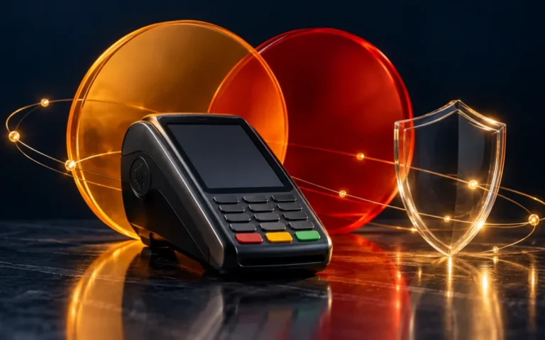 Terminale di pagamento con simbolo di protezione e connessioni digitali, illustrazione dei servizi Mastercard