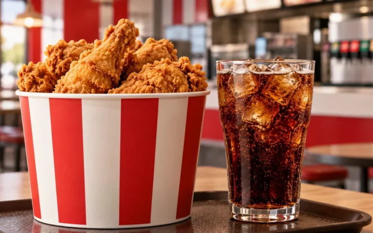 Illustrazione di pollo fritto in un contenitore rosso e bianco e un bicchiere di cola con ghiaccio.