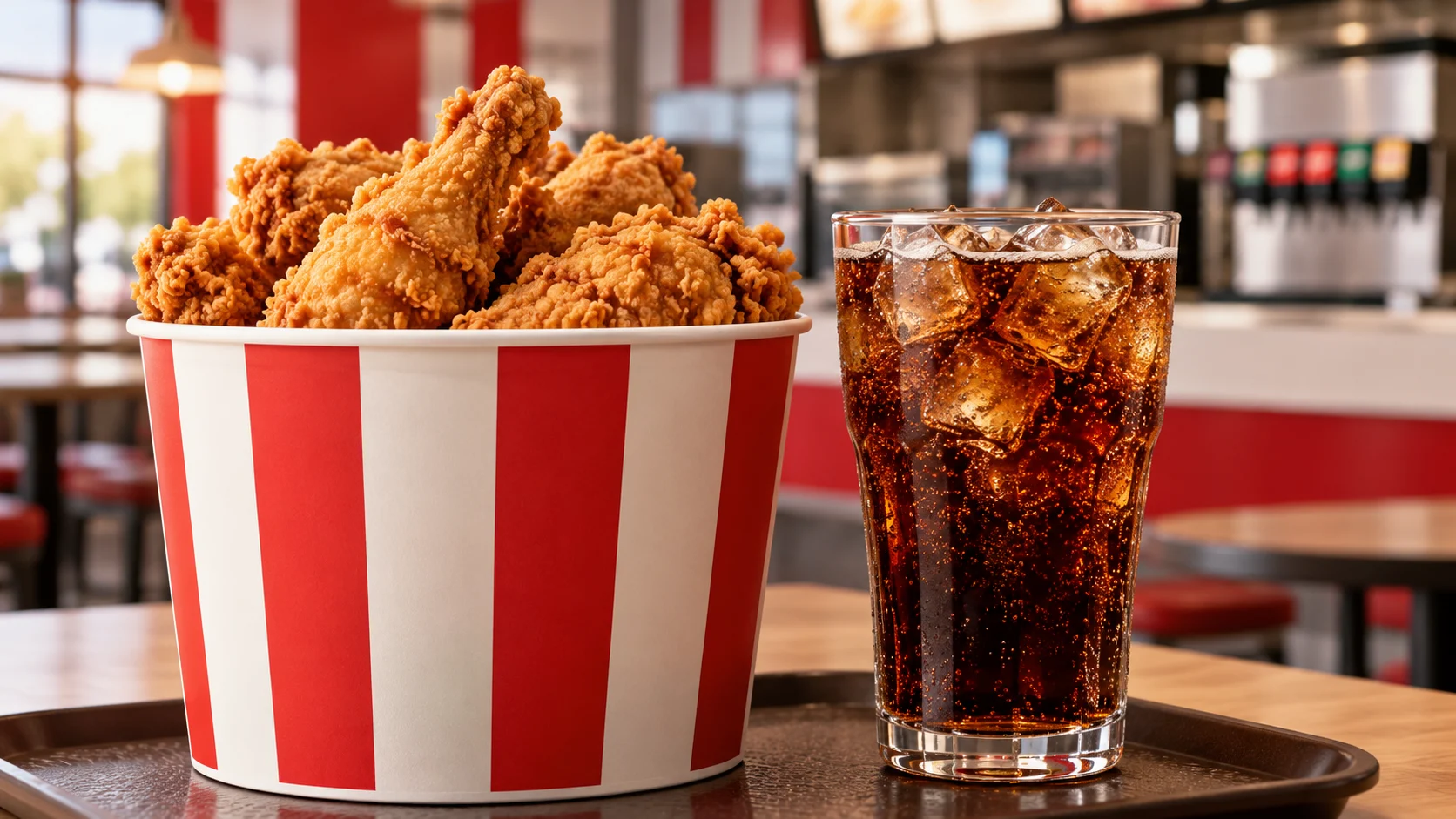Illustrazione di pollo fritto in un contenitore rosso e bianco e un bicchiere di cola con ghiaccio.