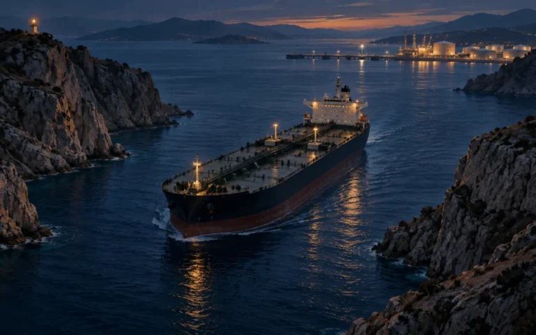 Illustrazione di una petroliera in navigazione notturna in uno stretto tra coste rocciose.