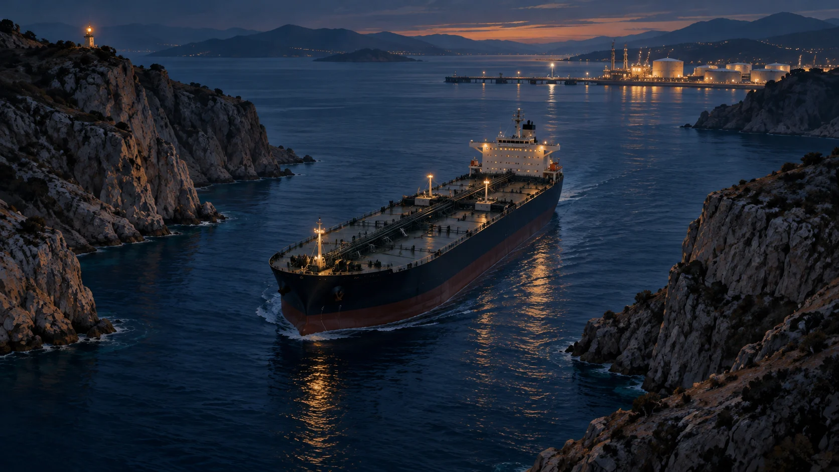 Illustrazione di una petroliera in navigazione notturna in uno stretto tra coste rocciose.