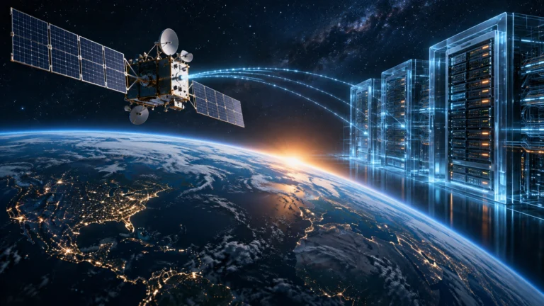 Illustrazione di un satellite sopra la Terra affiancato da infrastrutture di un centro dati.