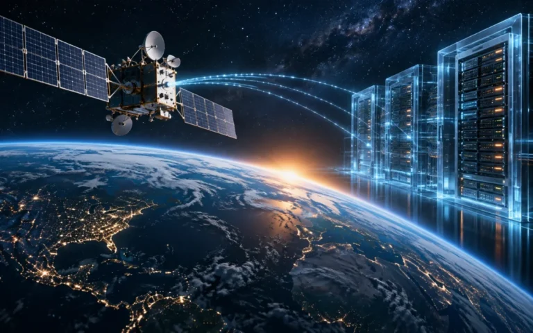 Illustrazione di un satellite sopra la Terra affiancato da infrastrutture di un centro dati.