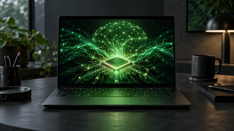 Portatile con rete neurale e microchip luminosi sullo schermo, illustrazione dell’AI locale