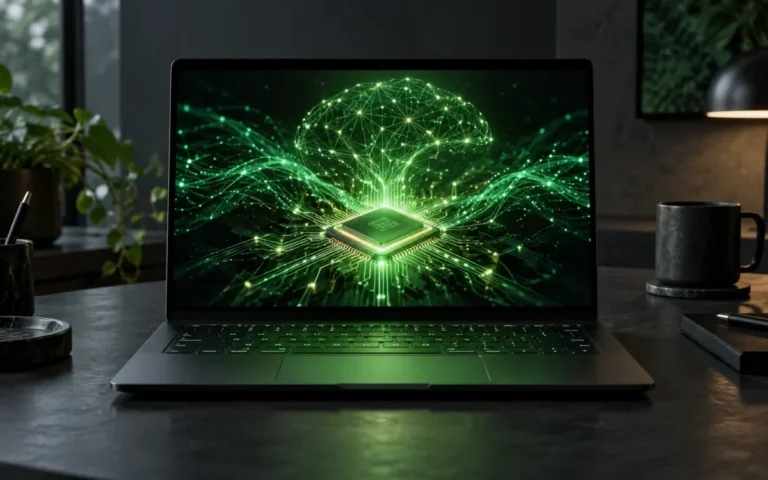 Portatile con rete neurale e microchip luminosi sullo schermo, illustrazione dell’AI locale