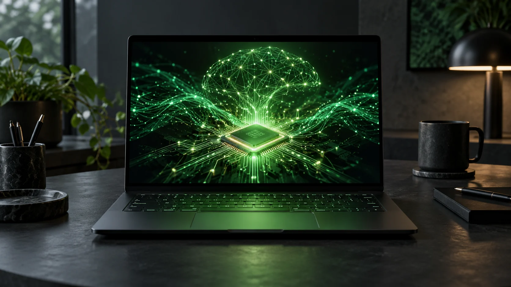 Portatile con rete neurale e microchip luminosi sullo schermo, illustrazione dell’AI locale