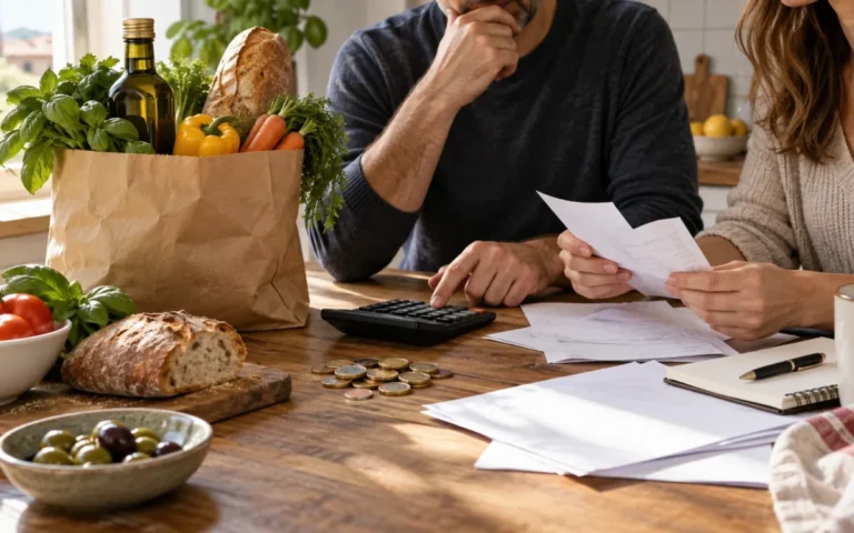 Spesa alimentare, calcolatrice e monete su un tavolo mentre una persona controlla il bilancio familiare