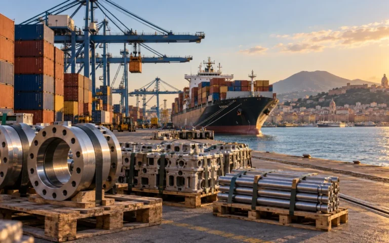 Container, gru portuali e componenti metallici pronti per la spedizione in un porto commerciale