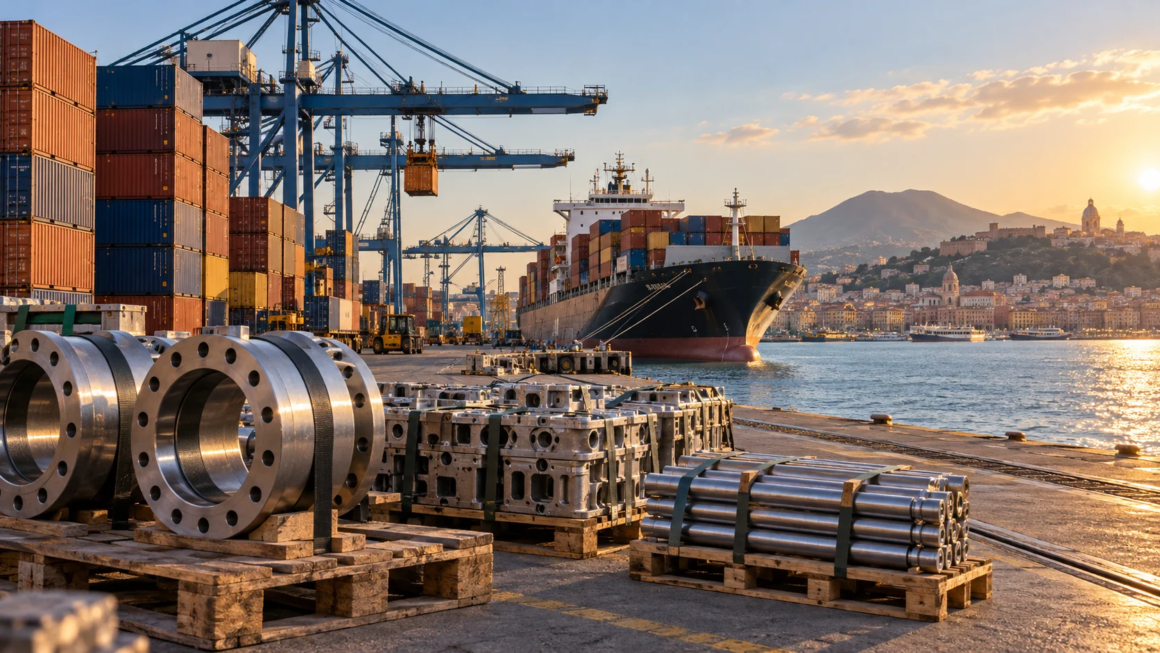 Container, gru portuali e componenti metallici pronti per la spedizione in un porto commerciale