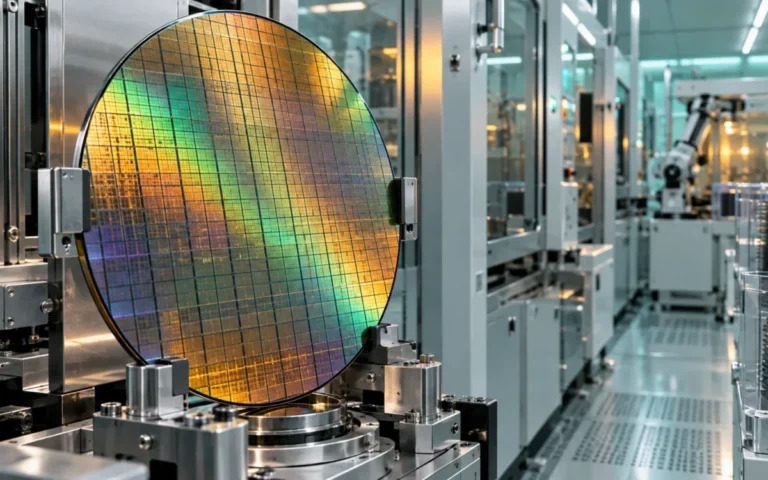 Wafer di silicio in un supporto robotico davanti ai macchinari di una camera bianca, illustrazione del processo produttivo dei semiconduttori.